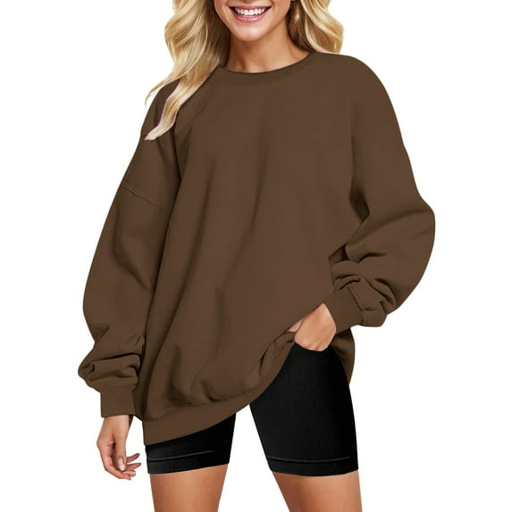 Hessimy Oversized Sweatshirt for Women Crew Neck Fleece Sweatshirt Casual Long Sleeve Pullover Tops Trendy Clothes(Coffee,S)