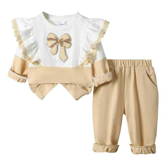 Hessimy Pajama Sets Long Sleeve Top and Pants Soft Cotton Sleepwear Set for Home Casual cute pajamas(Beige,3-4 Years)