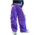 thumbnail image 1 of Hessimy Parachute Pants for Girls Cargo Trousers with Pockets Harajuku Jogger Pants Kids(Purple,13-14 Years), 1 of 7