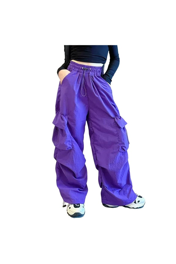 Parachute Pants for Girls Cargo Trousers with Pockets Harajuku Jogger Pants Kids(Purple,7-8 Years)