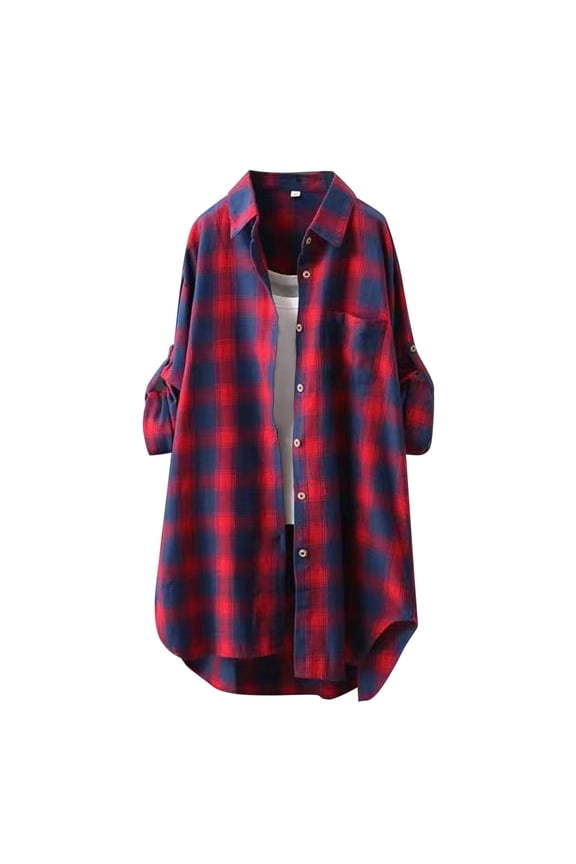 Plaid Flannel Shirt Women Long Sleeve Roll Up Button Down Buffalo Shirts(Z06-Red,S)
