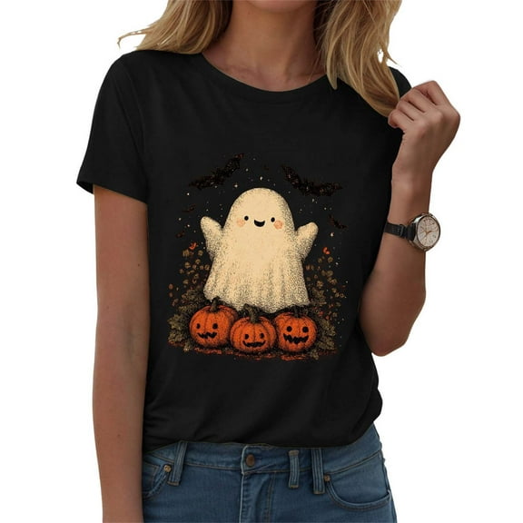 Hessimy Plus Size Halloween Shirt for women's Cute Ghost Graphic T-Shirt Fall Pumpkin Casual Short Sleeve Party Tee Top(Black,XXXL)
