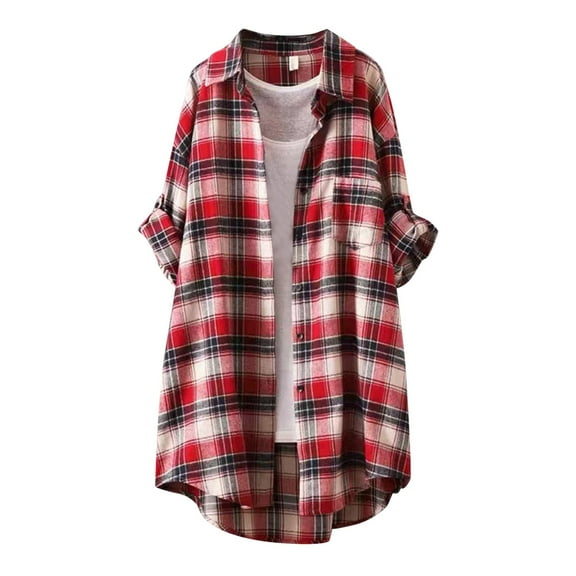 Hessimy Plus Size Womens Casual Long Sleeve Boyfriend Button Down Plaid Flannel Shirt Tops(Z07-Red,XL）