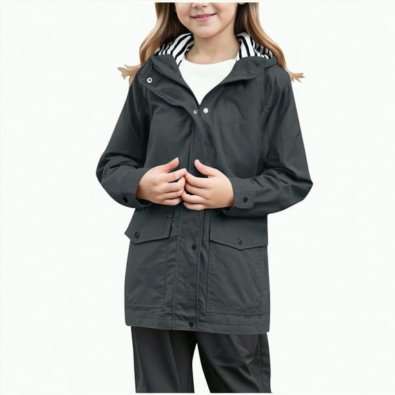 Hessimy Raincoat For Girls Lined Rain Jacket With Hood Outdoor Full Zip Lightweight Windbreaker Travel Jackets (Dark Gray,4-5 Years)