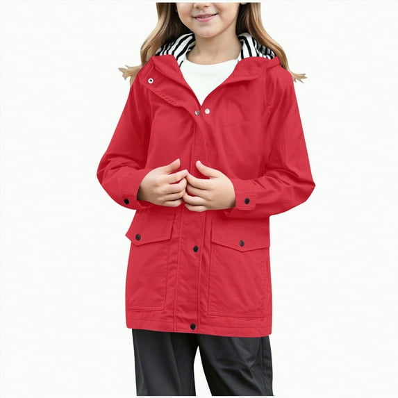 Hessimy Raincoat For Girls Lined Rain Jacket With Hood Outdoor Full Zip Lightweight Windbreaker Travel Jackets (Red,9-10 Years)