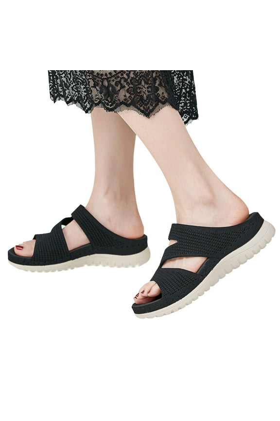 Sandals for Women Casual Summer Women Flats Flip Flops Non-Slip Causal Open Toe Comfortable Shoes Roman Sandals Flat Sandal(Black,42)