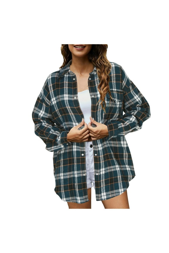 Shacket Jacket Women Casual Plaid Long Sleeve Flannel Shirt Fall Spring Lapel Button Down Cardigan Coats Loose Fit(Dark Blue,L)