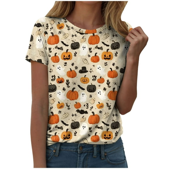 Hessimy Skeleton Shirt women's Halloween Skeleton Tshirt Funny Skull Graphic Tees Casual Fall Short Sleeve Tops(Beige,XL)