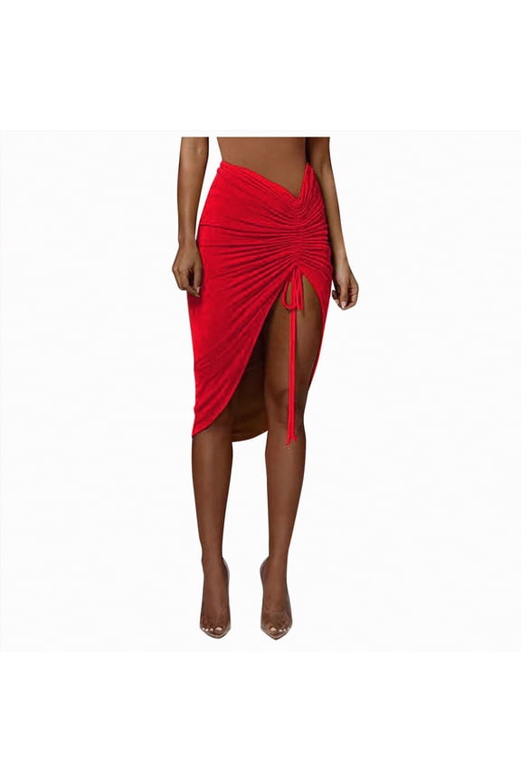 Skirts for Women Stretch High Waist Ruched Bodycon Skirt Side Split Pencil Skirt(Red,L)