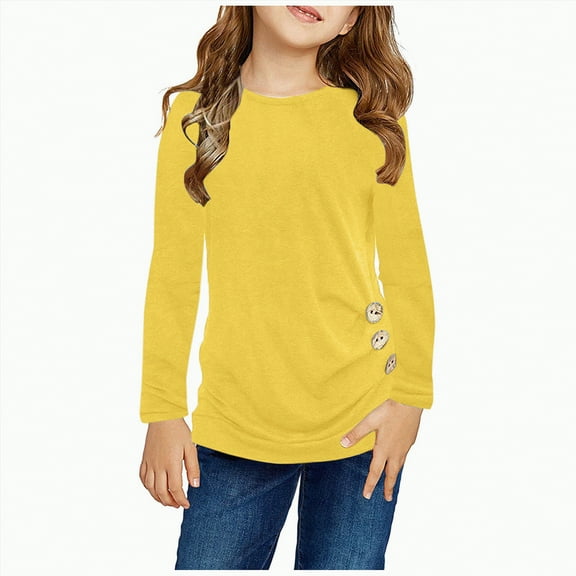 Hessimy T-Shirts For Girls Crew Neck Dressy Casual Formal Long Sleeve Plain Children Girls Tops Boys Cute Fashion Cool Basic Tops Soft Solid Color Basic Tops Flounce (Yellow,8-9 Years)