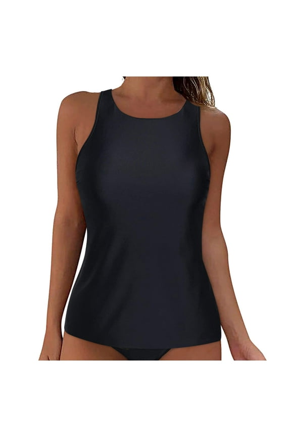 Tankini Top for Women V Neck Tummy Control Swim Top Ruched Bathing Suit Top Only No Bottom(Black,M)