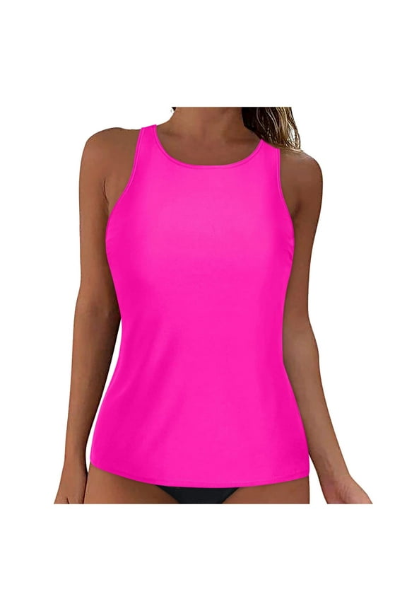 Tankini Top for Women V Neck Tummy Control Swim Top Ruched Bathing Suit Top Only No Bottom(Hot Pink,XL)