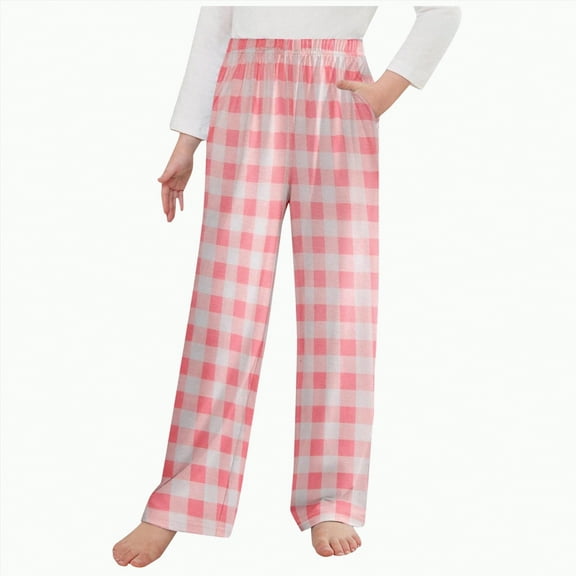 Hessimy Teen Boys and Girls' Christmas Pajamas Pants Kids Plaid Long Trousers Sleepwear for Family Matching Homewear(Pink,8-9 Years)