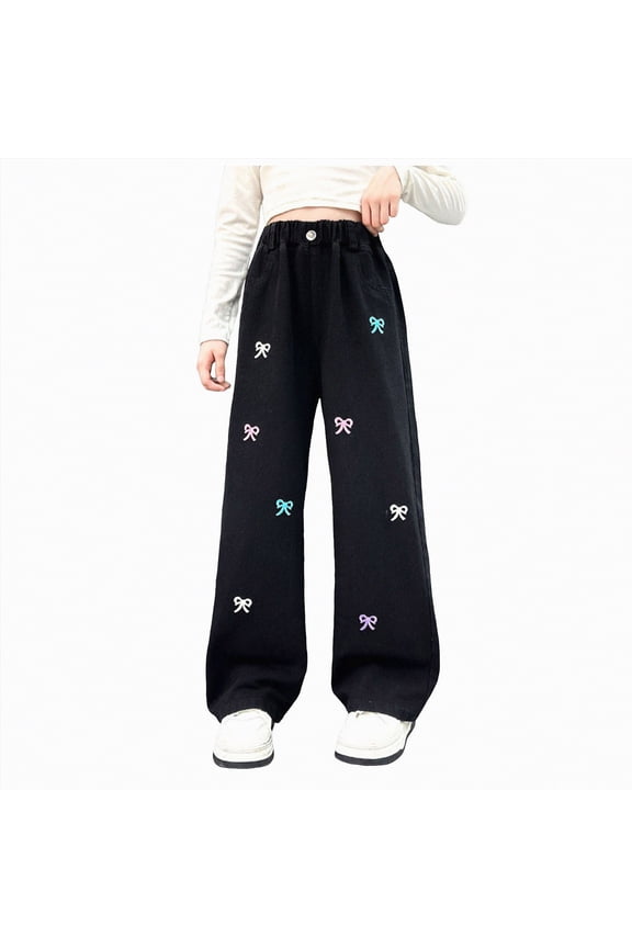 Teen Girls Bow Decorated Wide Leg Jeans Elastic High Waisted Denim Pants For Women Baggy Bow Printed Streetwear Trendy Pants (Black,12-14 Years)