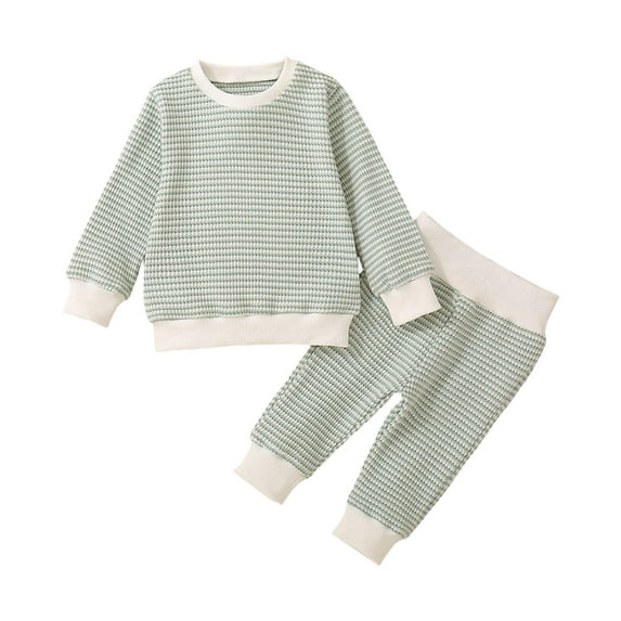 Hessimy Toddler Baby Boy Girl Outfit Turkey Embroidery Striped Waffle Knit Long Sleeve Sweatshirt And Pants Set Soft Fleece Sets For Cool Winter Evenings (Light Green,3-6 Months)