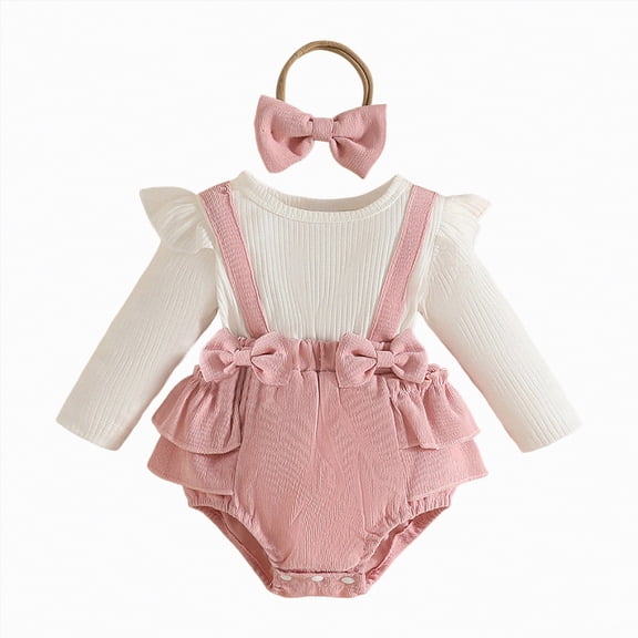 Hessimy Toddler Baby Girl Clothes Outfits long sleeve Layered Ruffled Bodysuit   Pants 2pcs Fall Winter Suits Girl Outfits Girls Pajamas Ribbed Knit (Pink,3-6 Months)