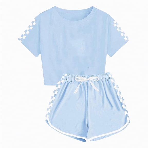 Hessimy Toddler Baby Girl Clothes Summer Short Sleeve Cartoon Print T-Shirt Tops Solid Color Shorts Set 2Pcs Casual Outfit,Solid Shorts(Sky Blue,11-12 Years)
