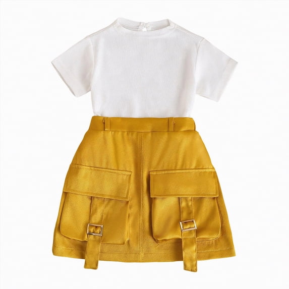 Hessimy Toddler Baby Girl Summer Clothes Ruffle Short Sleeve T Shirt & Shorts Set,Ruffled Style(Yellow,18-24 Months)