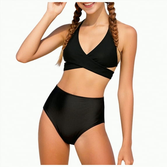 Hessimy Toddler Baby Girls Swimsuit Two Piece Solid Color Swimwear Summer Beach Bikini Bathing Suit(Black,13-14 Years)