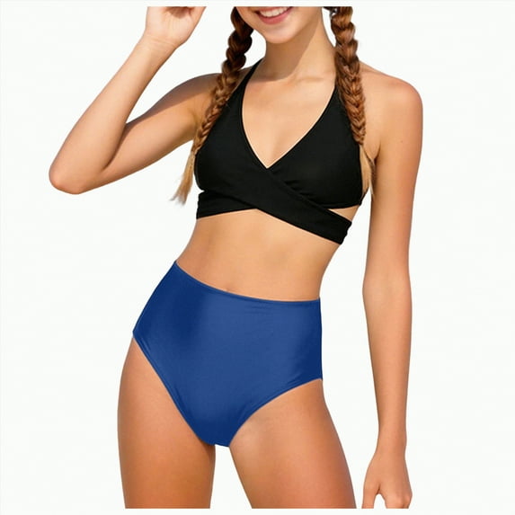 Hessimy Toddler Baby Girls Swimsuit Two Piece Solid Color Swimwear Summer Beach Bikini Bathing Suit(Blue,11-12 Years)