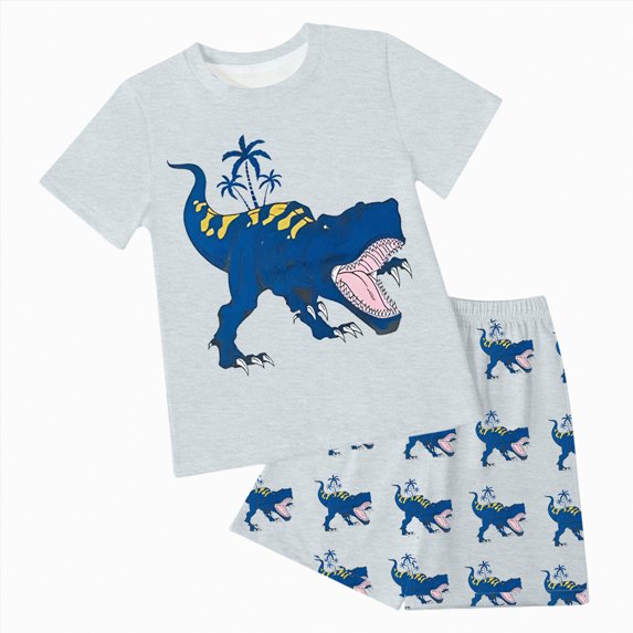 Hessimy Toddler Boy 2 Piece Set Tropical Print Short Sleeve Crewneck T Shirt and Shorts Set Vacation Outfits(Light Gray,3-4 Years)