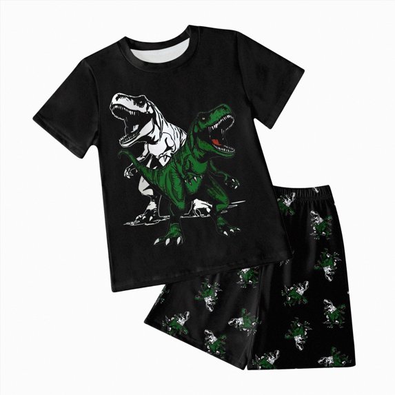 Hessimy Toddler Boy 2-Piece Summer Outfit Set Soft Short Set with Cute Cartoon Print Shorts for Daily Wear,Everyday Wear(Dark Green,2-3 Years)