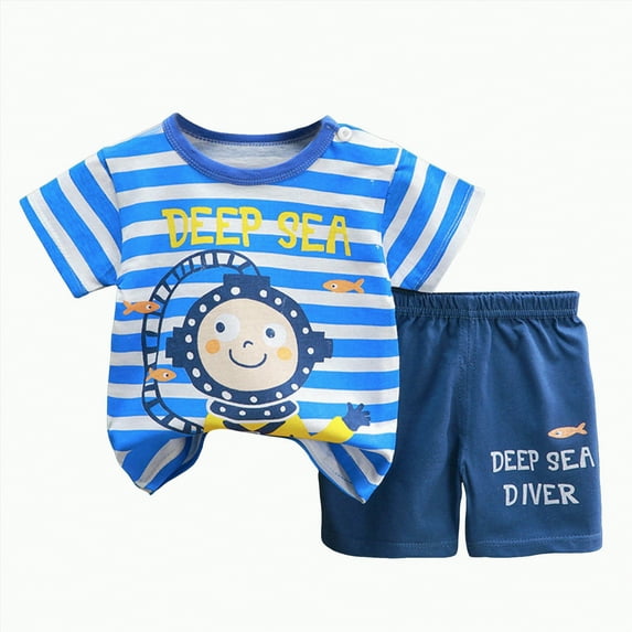 Hessimy Toddler Boy Cartoon Print 2-Pieces Cotton T-Shirt and Shorts Summer Outfit Set(Blue,3-9 Months)