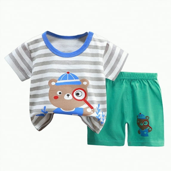 Hessimy Toddler Boy Cartoon Print 2-Pieces Cotton T-Shirt and Shorts Summer Outfit Set(Light Blue,5-6 Years)