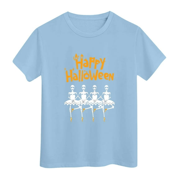 Hessimy Toddler Boy Girl Pumpkin Face Spooky Halloween T-Shirt Short Sleeve Kids Fun Tops(Blue,6-7 Years)