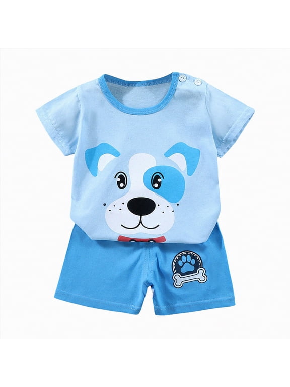 Toddler Boy Print Short Sleeve Shirt & Casual Shorts Set Summer Outfits Clothes, Summer Essential(Blue,3-4 Years)