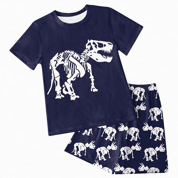 Hessimy Toddler Boy Short Sets Summer Dinosaur Outfits Short Sleeve Tops and Elastic Waist Shorts Matching Set（Navy,2-3Years)