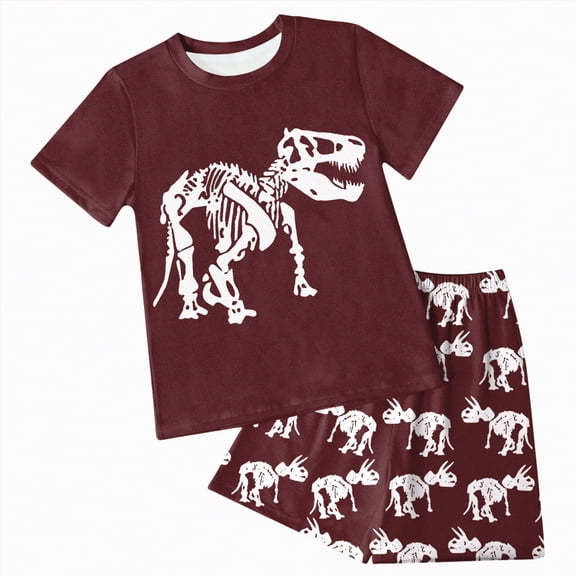 Hessimy Toddler Boy Short Sets Summer Dinosaur Outfits Short Sleeve Tops and Elastic Waist Shorts Matching Set(Wine,4-5Years)