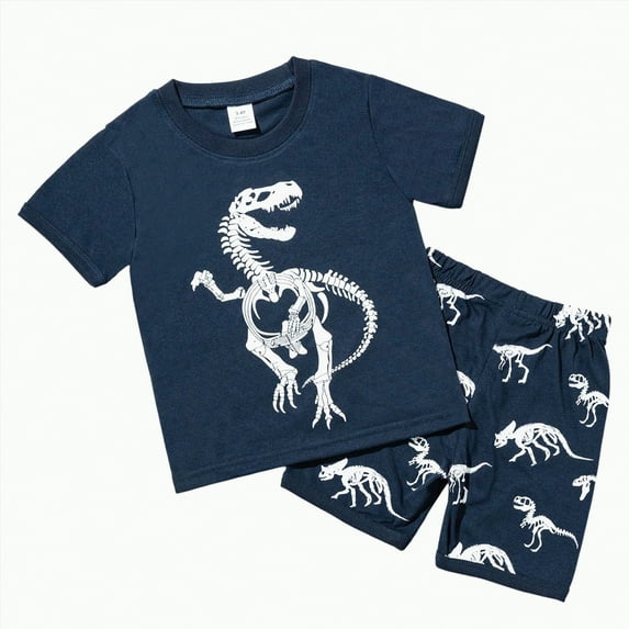 Hessimy Toddler Boy Summer Clothes Dinosaur T-Shirt and Shorts Outfits(Navy,2-3 Years)