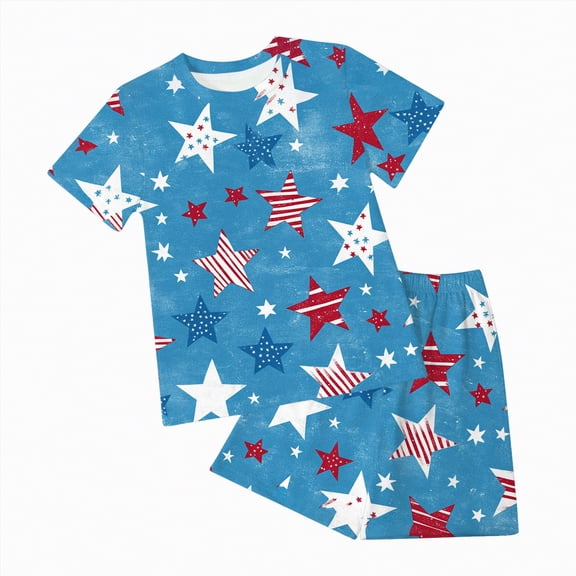 Hessimy Toddler Boy Summer Clothes Print Short Sleeve Shirt Tops and Shorts Set Summer Outfit 2Pcs（Sky Blue,3-4 Years)