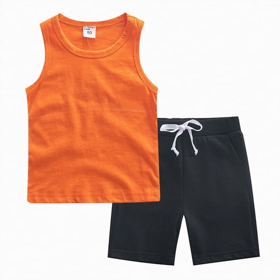 Hessimy Toddler Boy Summer Clothes Print Short Sleeve T-Shirt Top Elastic Waist Shorts Set Casual Outfit 2PCS(Orange,1-2 Years)