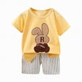 thumbnail image 1 of Hessimy Toddler Boy Summer Clothes Set Letter Print Crew Neck Short Sleeve T-Shirts Elastic Waist Shorts 2Pcs Outfits,Crew Neck（Light Yellow,5-6 Years), 1 of 3