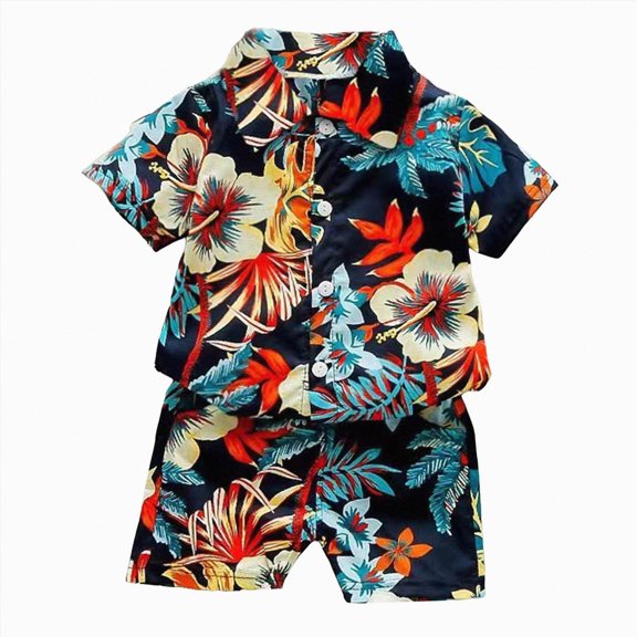 Hessimy Toddler Boy Summer Outfit Kids Suit Cartoon Floral Prints T Shirt Tops Shorts Cotton Soft 2Pcs Clothes Set(Red,5-6 Years)