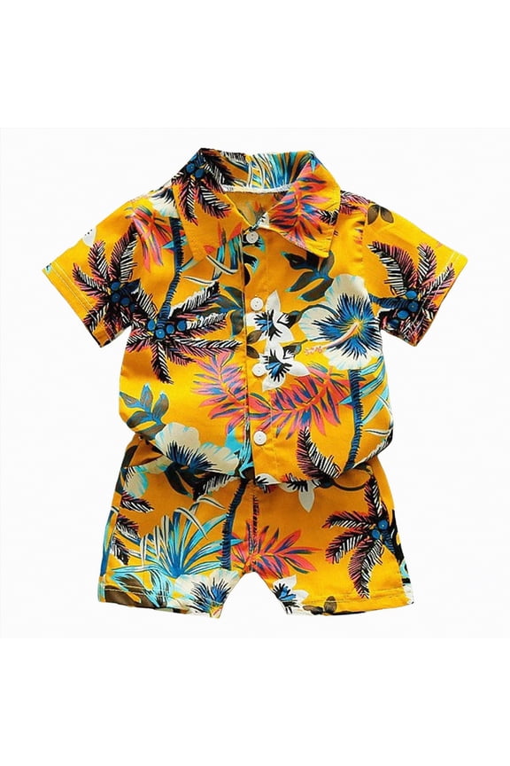 Toddler Boy Summer Outfit Kids Suit Cartoon Floral Prints T Shirt Tops Shorts Cotton Soft 2Pcs Clothes Set（Yellow,3-4 Years)