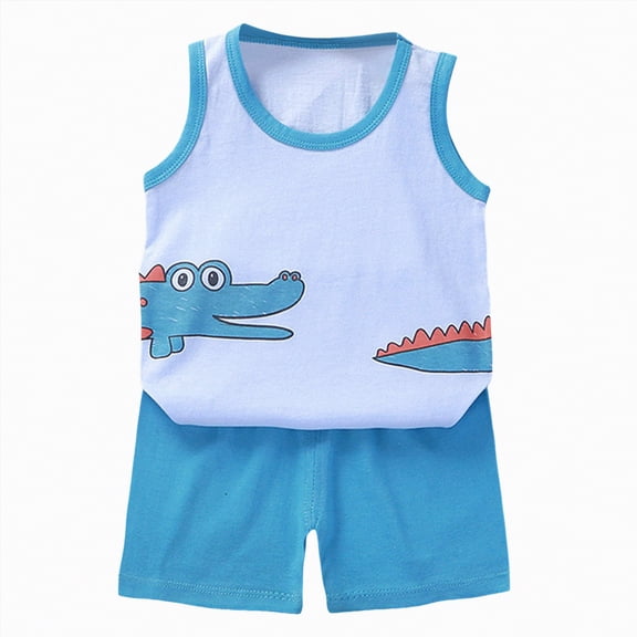 Hessimy Toddler Boy Summer Outfits Cartoon Print Short Sleeve T-Shirt and Elastic Shorts 2 Piece Vacation Clothes Set(Sky Blue,3-4 Years)