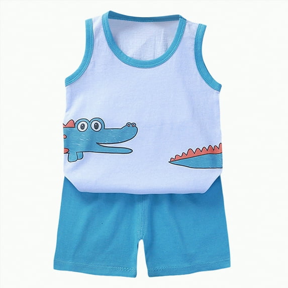 Hessimy Toddler Boy Summer Outfits Cartoon Print Short Sleeve T-Shirt and Elastic Shorts 2 Piece Vacation Clothes Set(Sky Blue,5-6 Years)