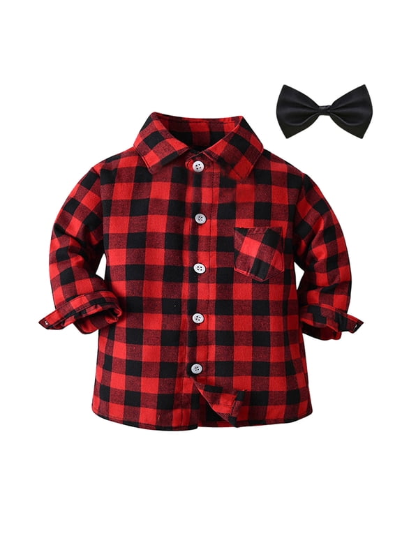 Toddler Boys Flannel Shirt for Son: Button Up Long Sleeve Casual Plaid Shirts(Red,4-5 Years)