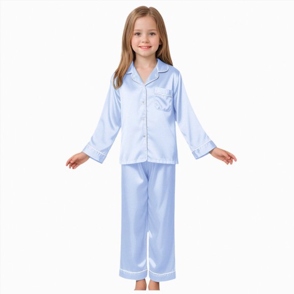 Hessimy Toddler Boys Girls Spring Summer 2Pcs Long Sleeve Button Pajamas Casual Set, Button Pjs Style,1-11 Years(Light Blue,9-10 Years)