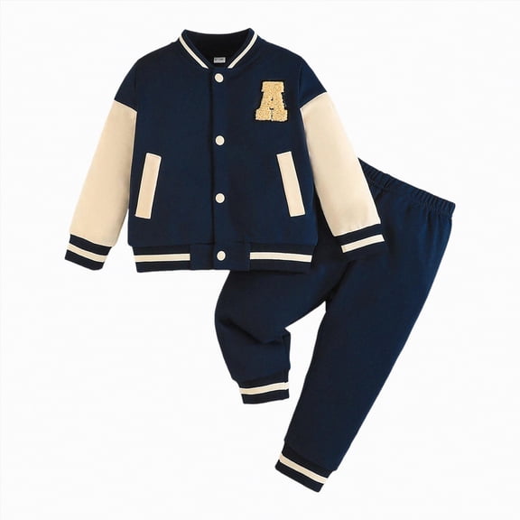 Hessimy Toddler Boys Girls Spring Summer 2Pcs Solid Crewneck Sweatshirt Sweatpants Soft Casual Sweatsuit(Dark Blue,12-18 Months)