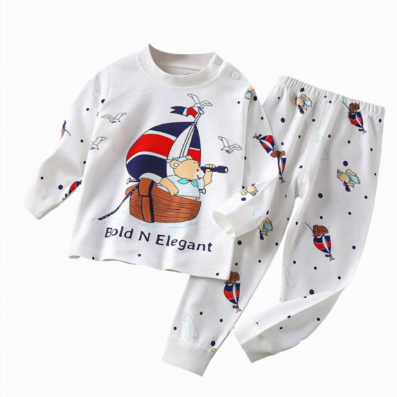 Hessimy Toddler Boys Girls Spring Summer Cute Cartoon Print 2Pcs Long Sleeve Soft Sleepwear Pajamas(White,6-12 Months)