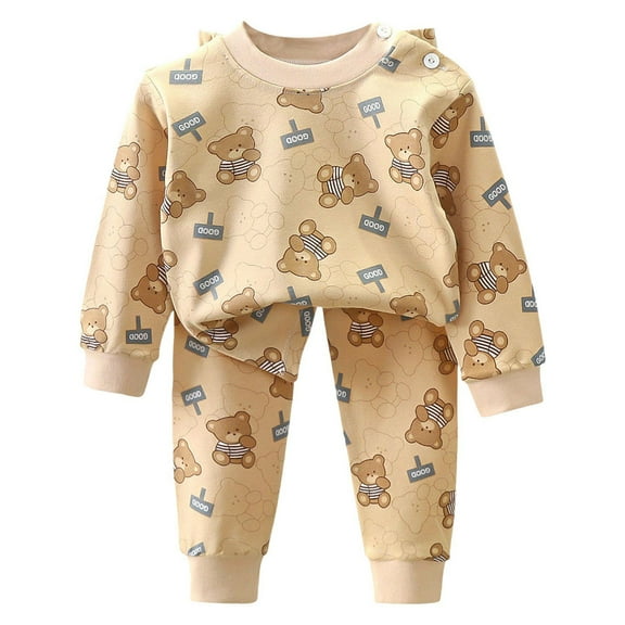 Hessimy Toddler Boys Girls Spring Summer Soft Fabric 2Pcs Long Sleeve Soft Top & Loose-Fitting Pants Sleepwear Pajamas Set, Loose Fit Comfort(Khaki,3-6 Months)