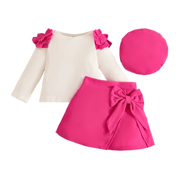 Hessimy Toddler Boys Girls Spring Summer Valentine's Day Outfits Ruffle Bowknot Long Sleeve Sweatshirt & Pants 2Pcs Set（Hot Pink，12-18 Months）