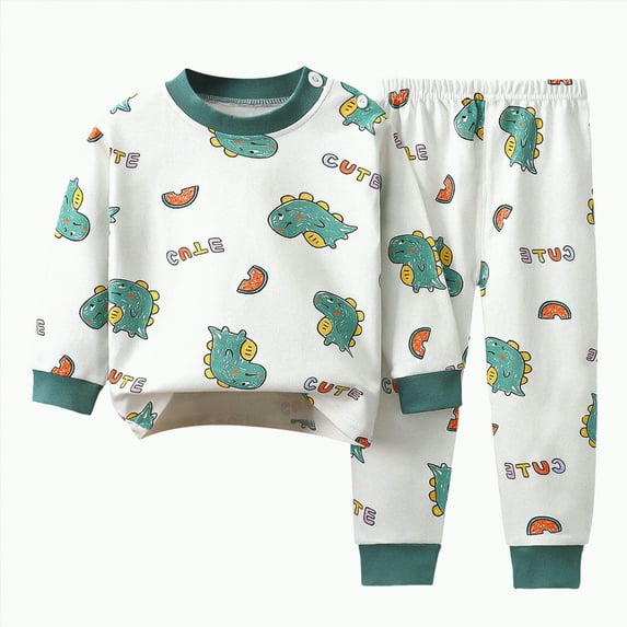 Hessimy Toddler Boys Girls Summer Cute Cartoon Print 2Pcs Thermal Underwear Warm Spring Clothes Set(Green,12-18 Months)