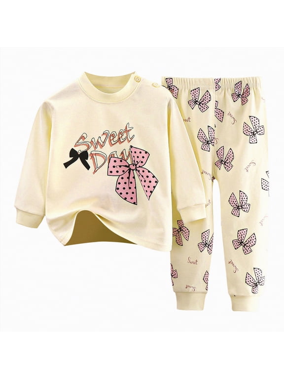 Toddler Boys Girls Summer Cute Cartoon Print 2Pcs Thermal Underwear Warm Spring Shirt Pants Comfy Set(Beige,6-12 Months)