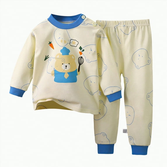 Hessimy Toddler Boys Girls Summer Cute Cartoon Print 2Pcs Thermal Underwear Warm Spring Shirt Pants Comfy Set(Blue,6-12 Months)