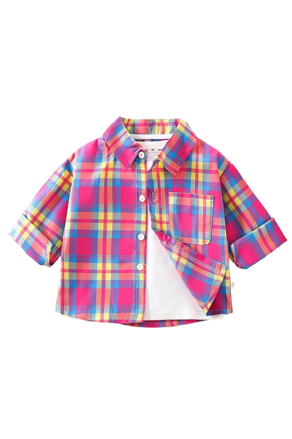 Toddler Boys Long Sleeve Button Up Shirt - Soft Micro Polar Woven Plaid Flannel Shirt for Toddler Boys(Hot Pink,18-24 Months)